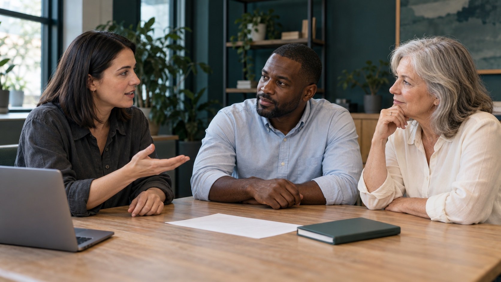 Three colleagues discussing a handoff around a shared worktable